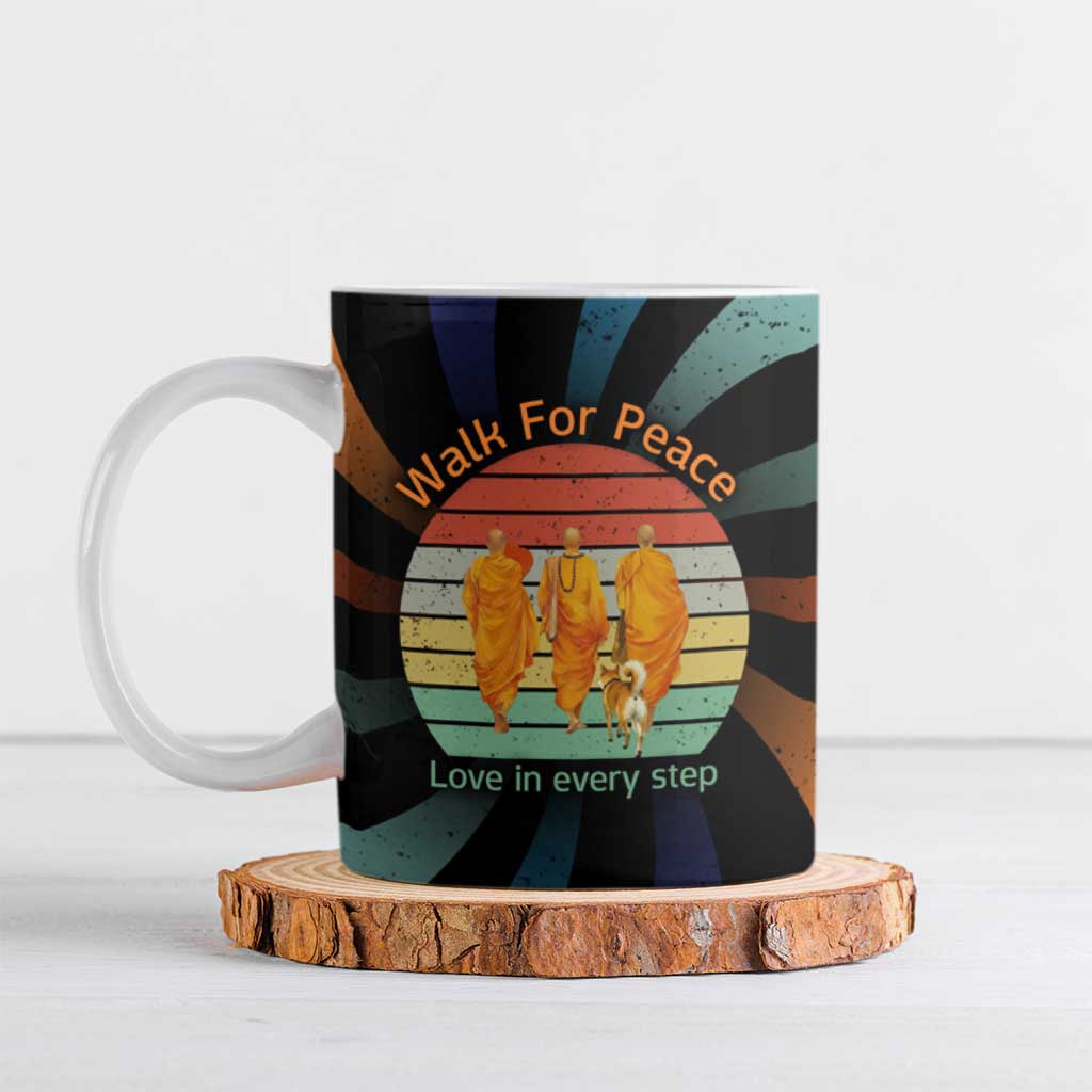 Buddhist Monks Walk For Peace Ceramic Mug with Retro Sunset Swirl Pattern