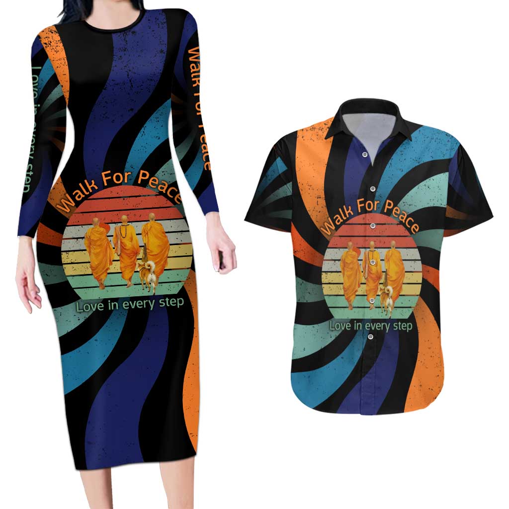 Buddhist Monks Walk For Peace Couples Matching Long Sleeve Bodycon Dress and Hawaiian Shirt with Retro Sunset Swirl Pattern