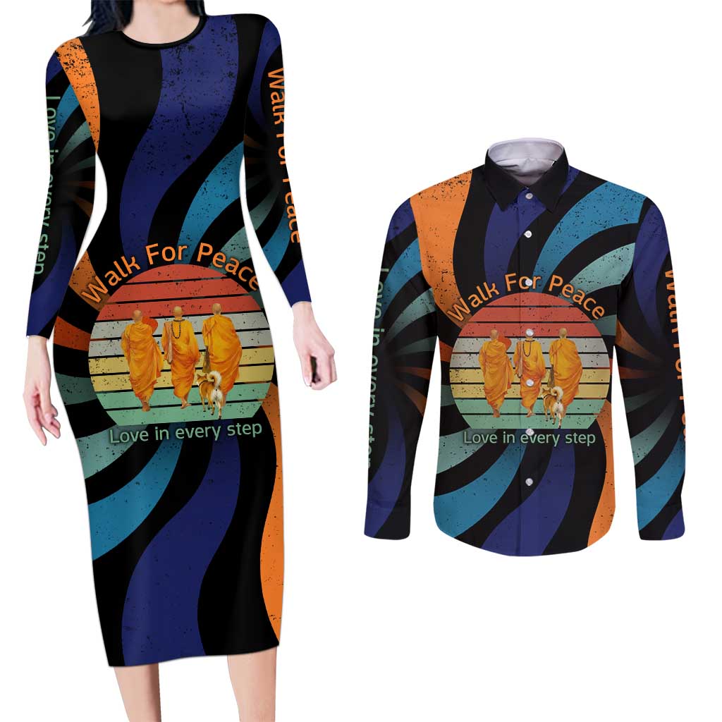 Buddhist Monks Walk For Peace Couples Matching Long Sleeve Bodycon Dress and Long Sleeve Button Shirt with Retro Sunset Swirl Pattern