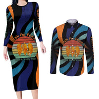 Buddhist Monks Walk For Peace Couples Matching Long Sleeve Bodycon Dress and Long Sleeve Button Shirt with Retro Sunset Swirl Pattern