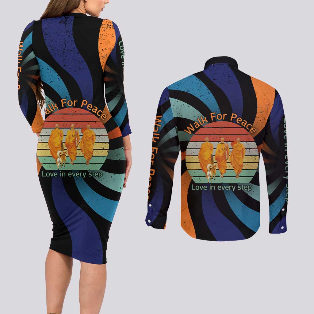 Buddhist Monks Walk For Peace Couples Matching Long Sleeve Bodycon Dress and Long Sleeve Button Shirt with Retro Sunset Swirl Pattern