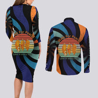 Buddhist Monks Walk For Peace Couples Matching Long Sleeve Bodycon Dress and Long Sleeve Button Shirt with Retro Sunset Swirl Pattern
