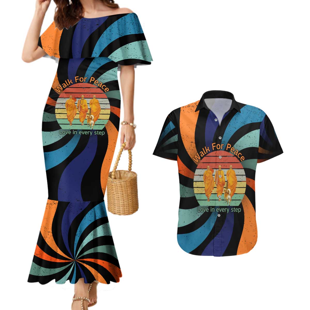 Buddhist Monks Walk For Peace Couples Matching Mermaid Dress and Hawaiian Shirt with Retro Sunset Swirl Pattern