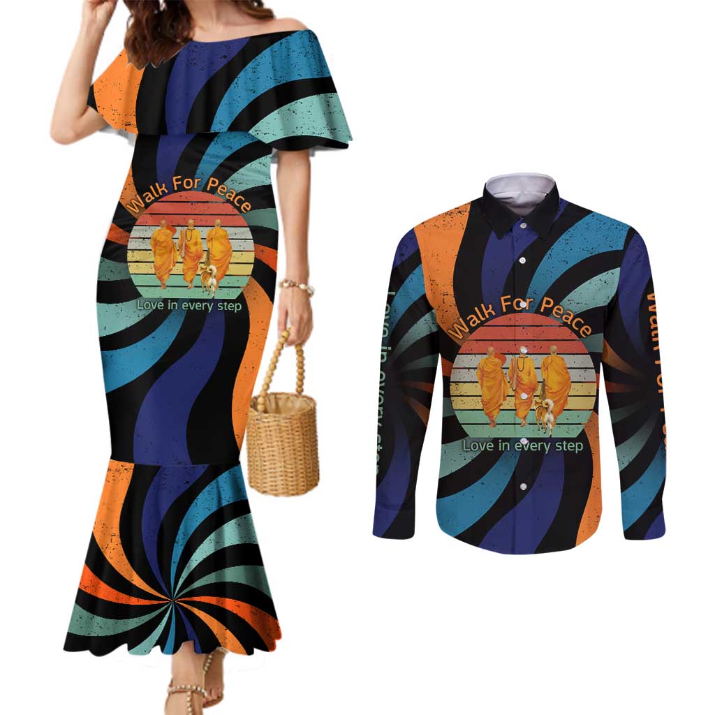 Buddhist Monks Walk For Peace Couples Matching Mermaid Dress and Long Sleeve Button Shirt with Retro Sunset Swirl Pattern