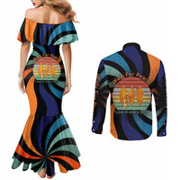 Buddhist Monks Walk For Peace Couples Matching Mermaid Dress and Long Sleeve Button Shirt with Retro Sunset Swirl Pattern