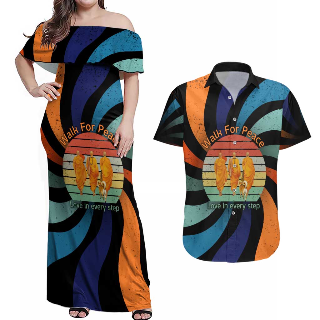 Buddhist Monks Walk For Peace Couples Matching Off Shoulder Maxi Dress and Hawaiian Shirt with Retro Sunset Swirl Pattern
