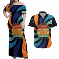 Buddhist Monks Walk For Peace Couples Matching Off Shoulder Maxi Dress and Hawaiian Shirt with Retro Sunset Swirl Pattern
