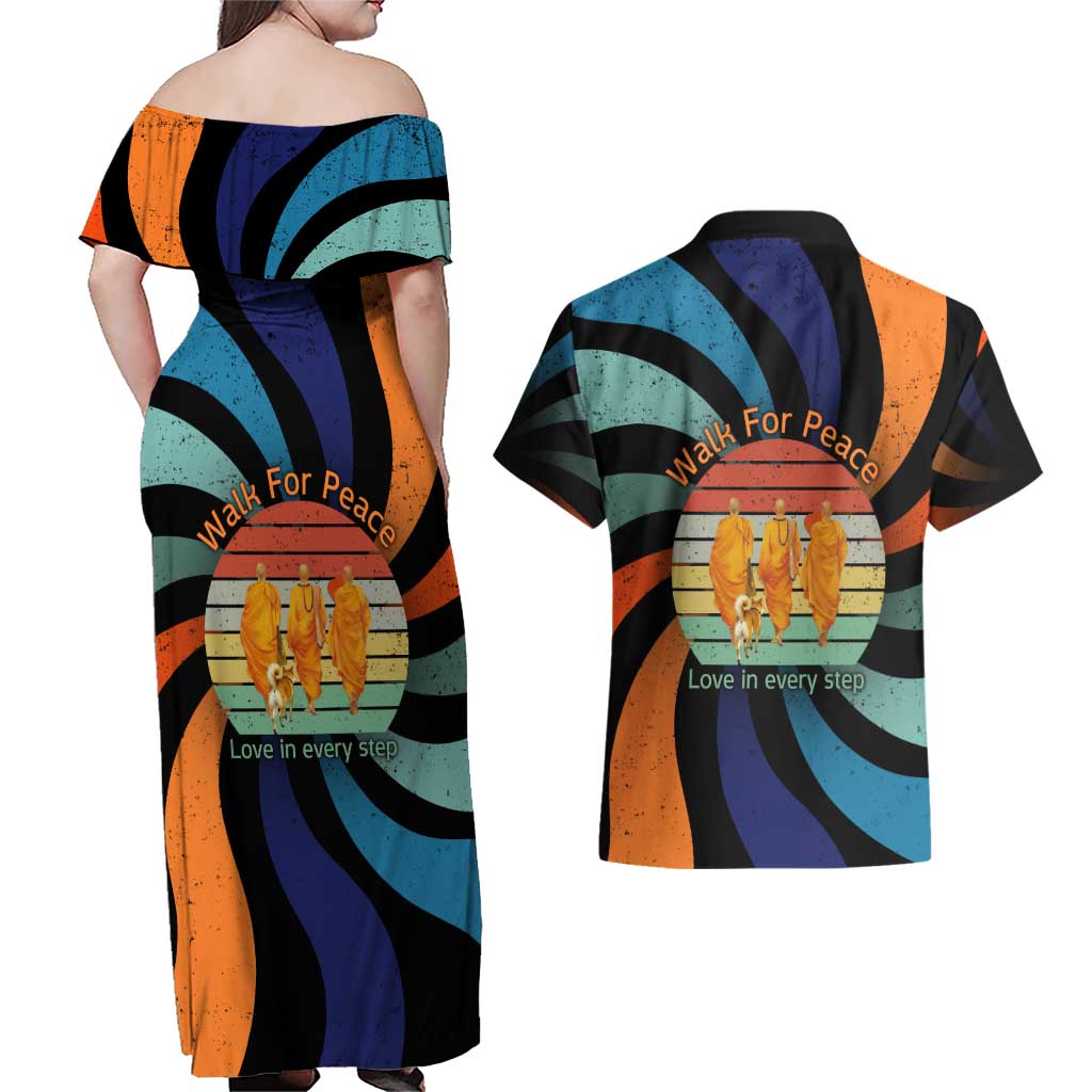 Buddhist Monks Walk For Peace Couples Matching Off Shoulder Maxi Dress and Hawaiian Shirt with Retro Sunset Swirl Pattern