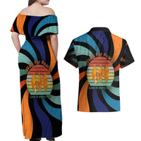 Buddhist Monks Walk For Peace Couples Matching Off Shoulder Maxi Dress and Hawaiian Shirt with Retro Sunset Swirl Pattern