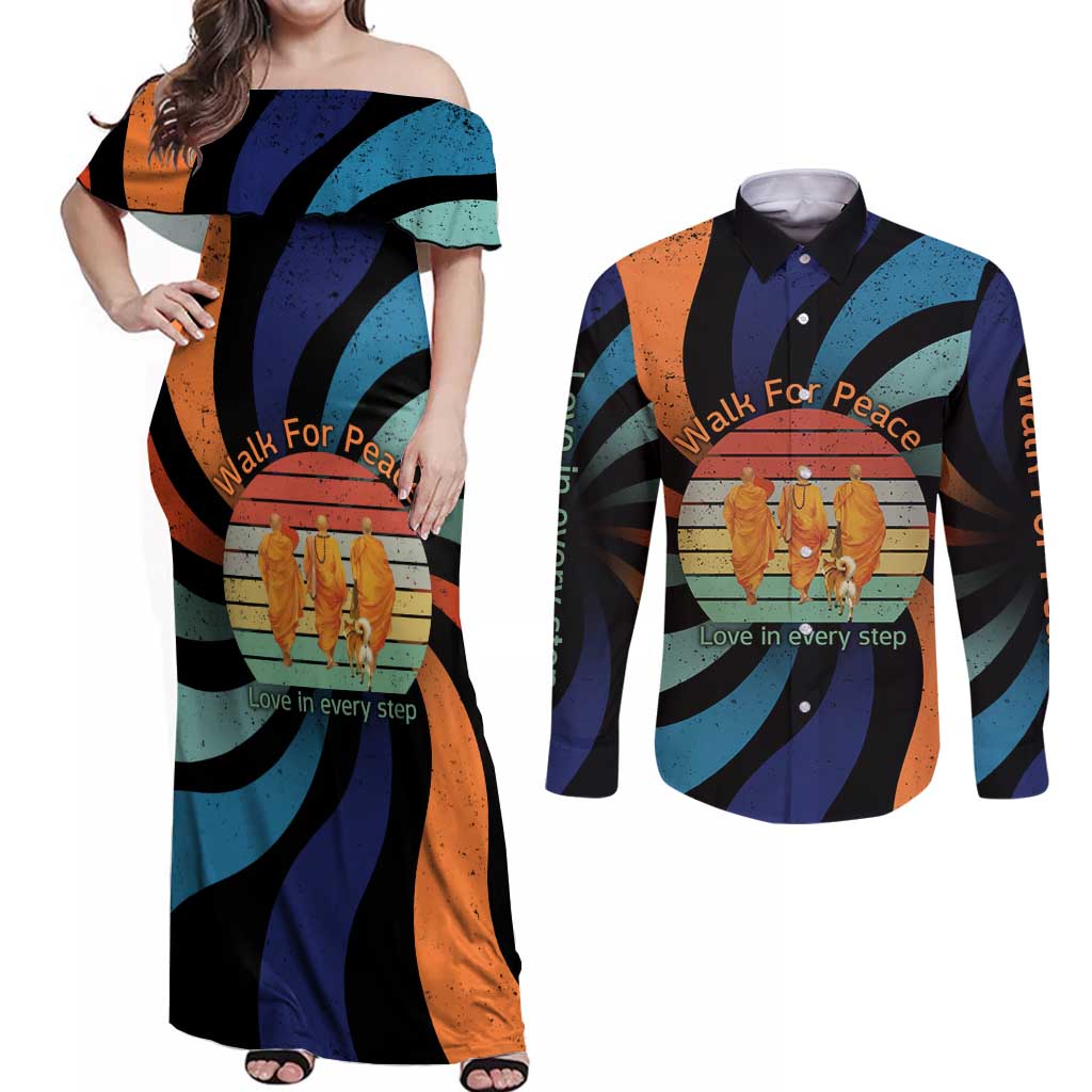 Buddhist Monks Walk For Peace Couples Matching Off Shoulder Maxi Dress and Long Sleeve Button Shirt with Retro Sunset Swirl Pattern