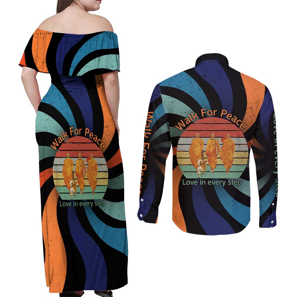 Buddhist Monks Walk For Peace Couples Matching Off Shoulder Maxi Dress and Long Sleeve Button Shirt with Retro Sunset Swirl Pattern