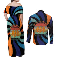 Buddhist Monks Walk For Peace Couples Matching Off Shoulder Maxi Dress and Long Sleeve Button Shirt with Retro Sunset Swirl Pattern