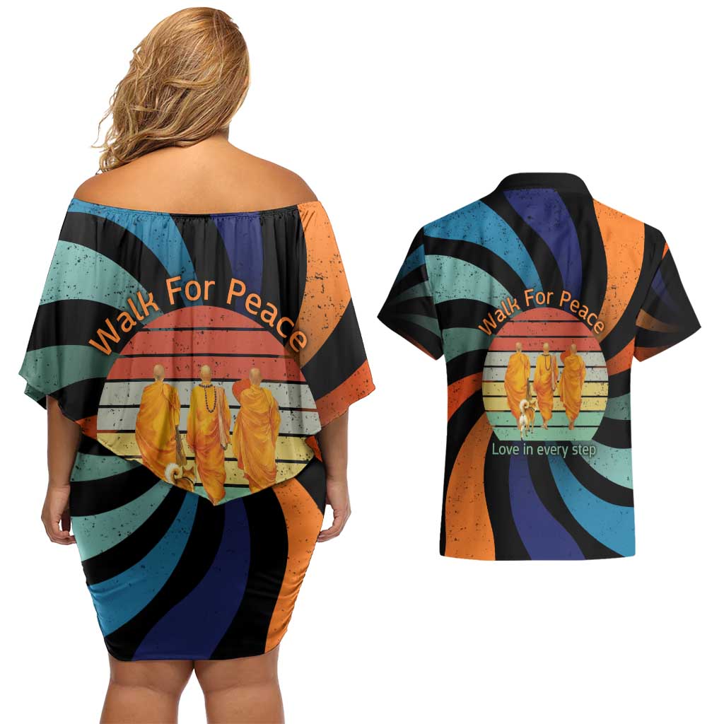 Buddhist Monks Walk For Peace Couples Matching Off Shoulder Short Dress and Hawaiian Shirt with Retro Sunset Swirl Pattern
