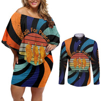 Buddhist Monks Walk For Peace Couples Matching Off Shoulder Short Dress and Long Sleeve Button Shirt with Retro Sunset Swirl Pattern