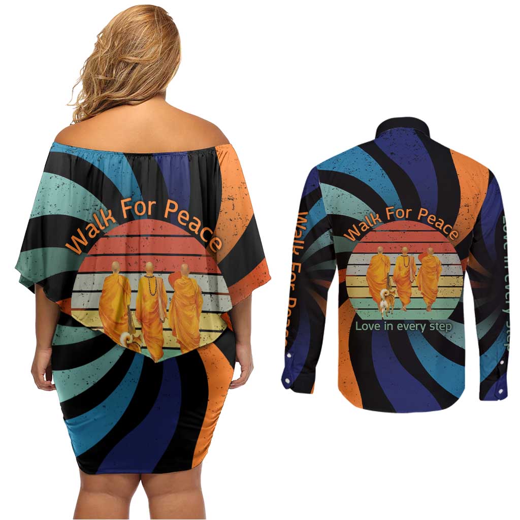Buddhist Monks Walk For Peace Couples Matching Off Shoulder Short Dress and Long Sleeve Button Shirt with Retro Sunset Swirl Pattern