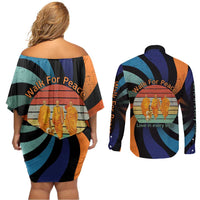 Buddhist Monks Walk For Peace Couples Matching Off Shoulder Short Dress and Long Sleeve Button Shirt with Retro Sunset Swirl Pattern
