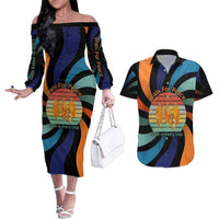 Buddhist Monks Walk For Peace Couples Matching Off The Shoulder Long Sleeve Dress and Hawaiian Shirt with Retro Sunset Swirl Pattern