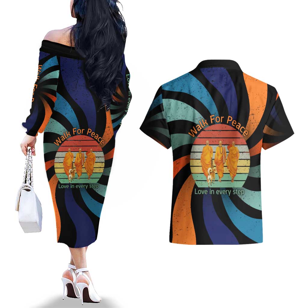 Buddhist Monks Walk For Peace Couples Matching Off The Shoulder Long Sleeve Dress and Hawaiian Shirt with Retro Sunset Swirl Pattern