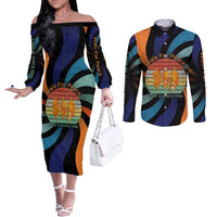 Buddhist Monks Walk For Peace Couples Matching Off The Shoulder Long Sleeve Dress and Long Sleeve Button Shirt with Retro Sunset Swirl Pattern