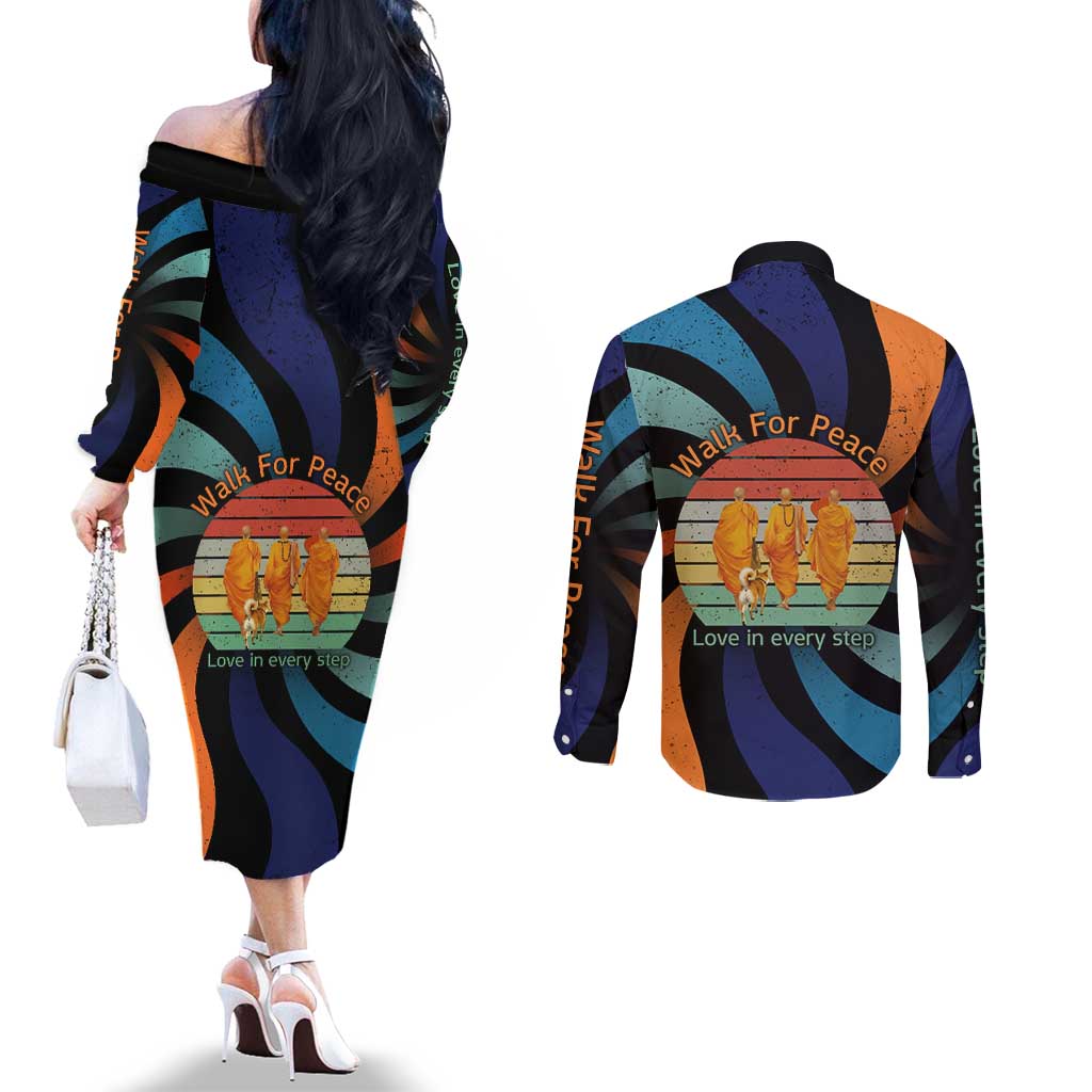Buddhist Monks Walk For Peace Couples Matching Off The Shoulder Long Sleeve Dress and Long Sleeve Button Shirt with Retro Sunset Swirl Pattern