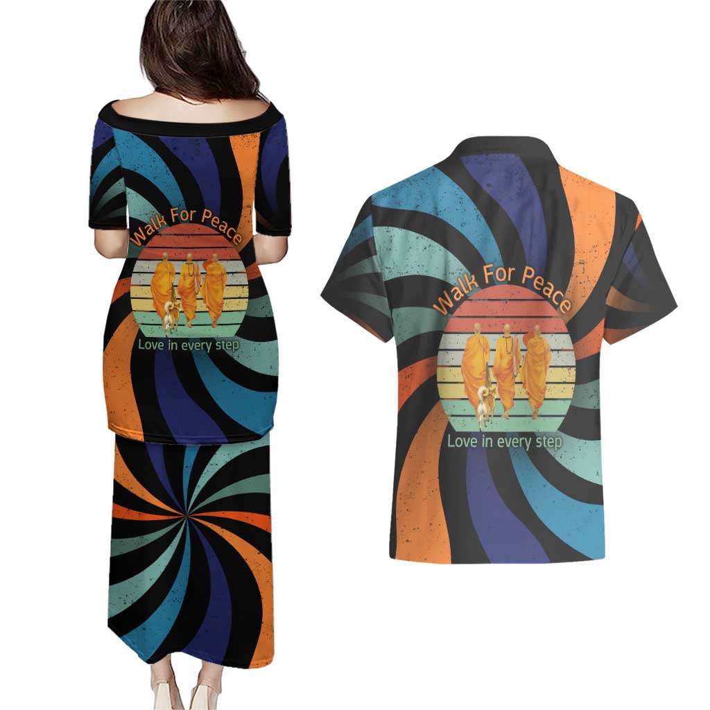 Buddhist Monks Walk For Peace Couples Matching Puletasi and Hawaiian Shirt with Retro Sunset Swirl Pattern