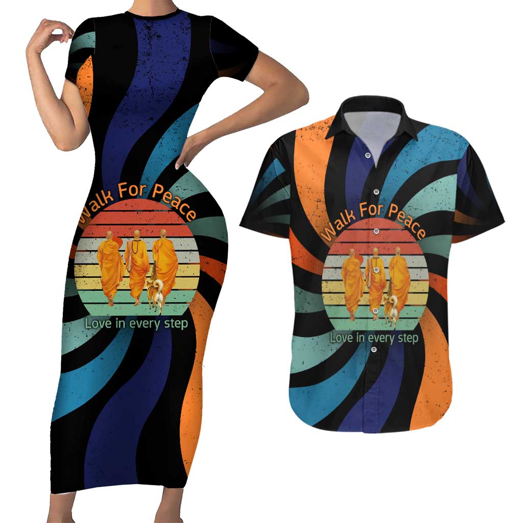 Buddhist Monks Walk For Peace Couples Matching Short Sleeve Bodycon Dress and Hawaiian Shirt with Retro Sunset Swirl Pattern