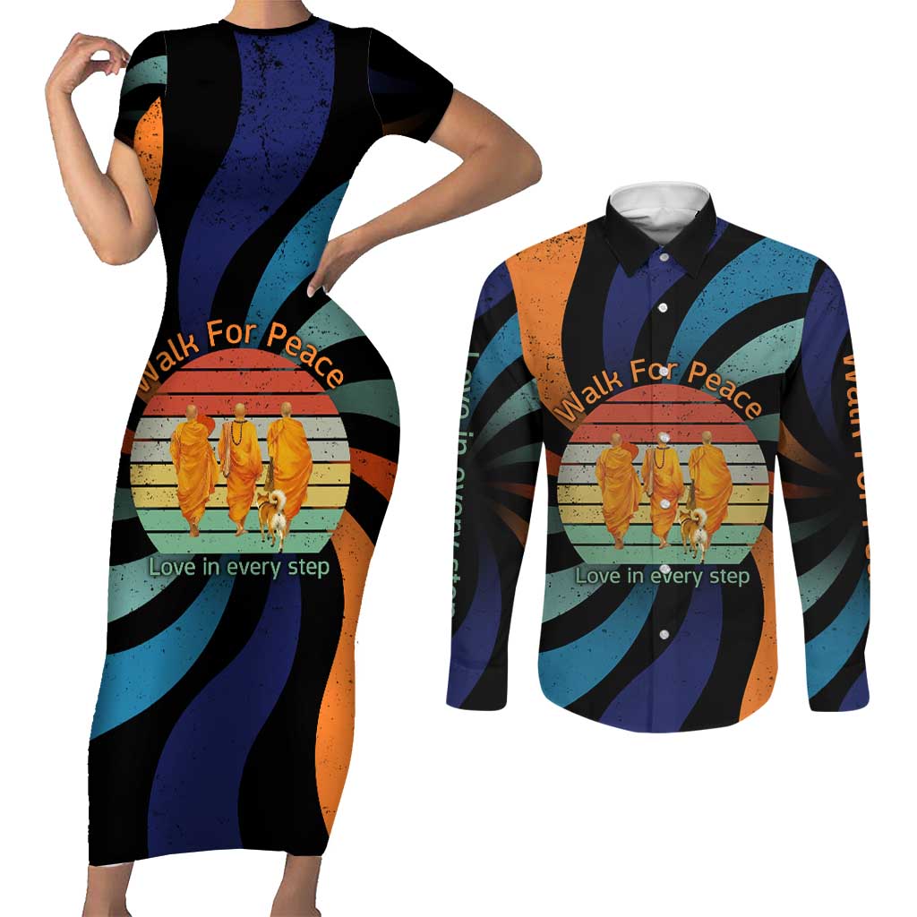 Buddhist Monks Walk For Peace Couples Matching Short Sleeve Bodycon Dress and Long Sleeve Button Shirt with Retro Sunset Swirl Pattern