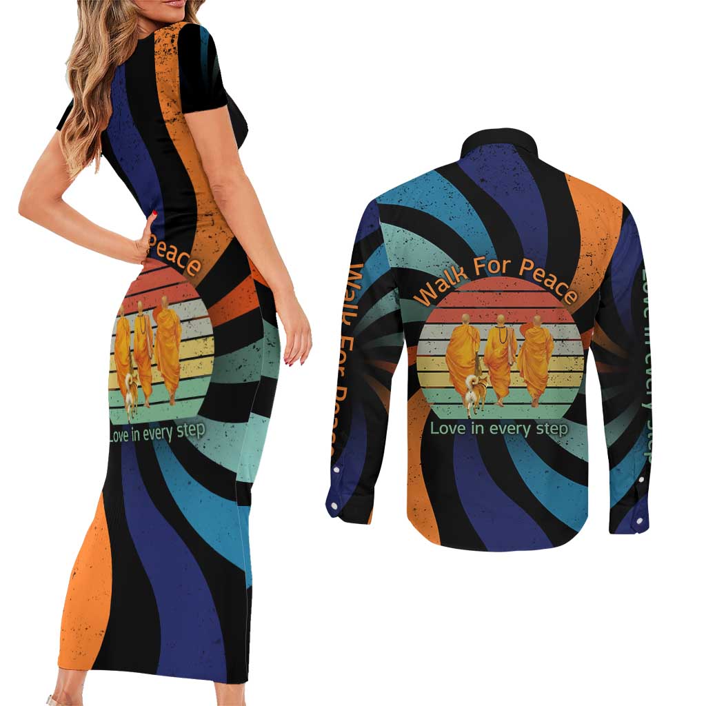 Buddhist Monks Walk For Peace Couples Matching Short Sleeve Bodycon Dress and Long Sleeve Button Shirt with Retro Sunset Swirl Pattern