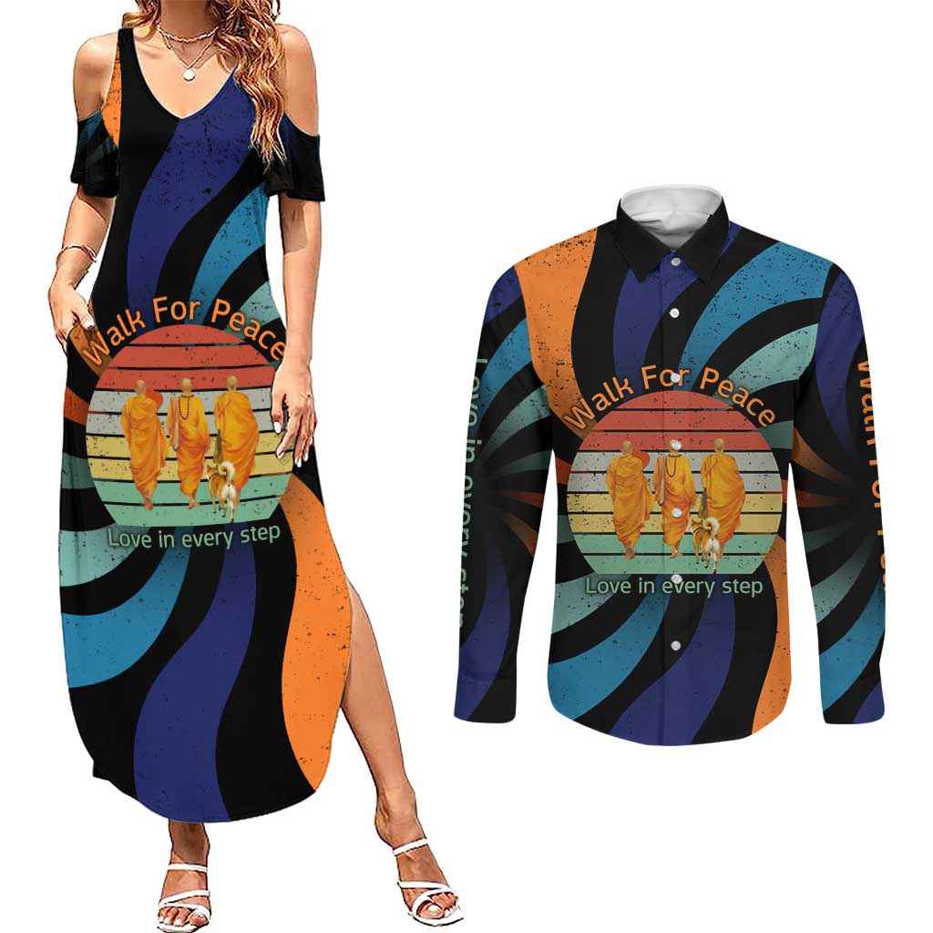 Buddhist Monks Walk For Peace Couples Matching Summer Maxi Dress and Long Sleeve Button Shirt with Retro Sunset Swirl Pattern