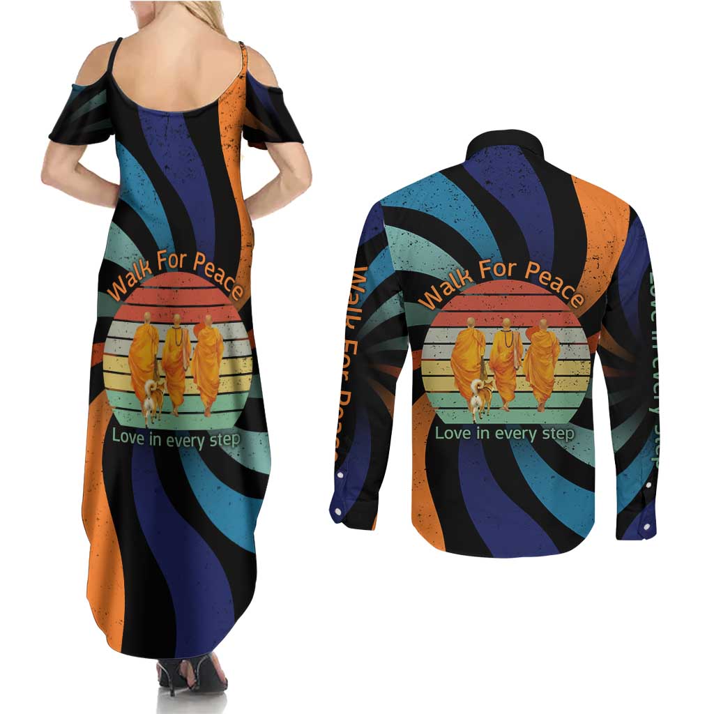 Buddhist Monks Walk For Peace Couples Matching Summer Maxi Dress and Long Sleeve Button Shirt with Retro Sunset Swirl Pattern