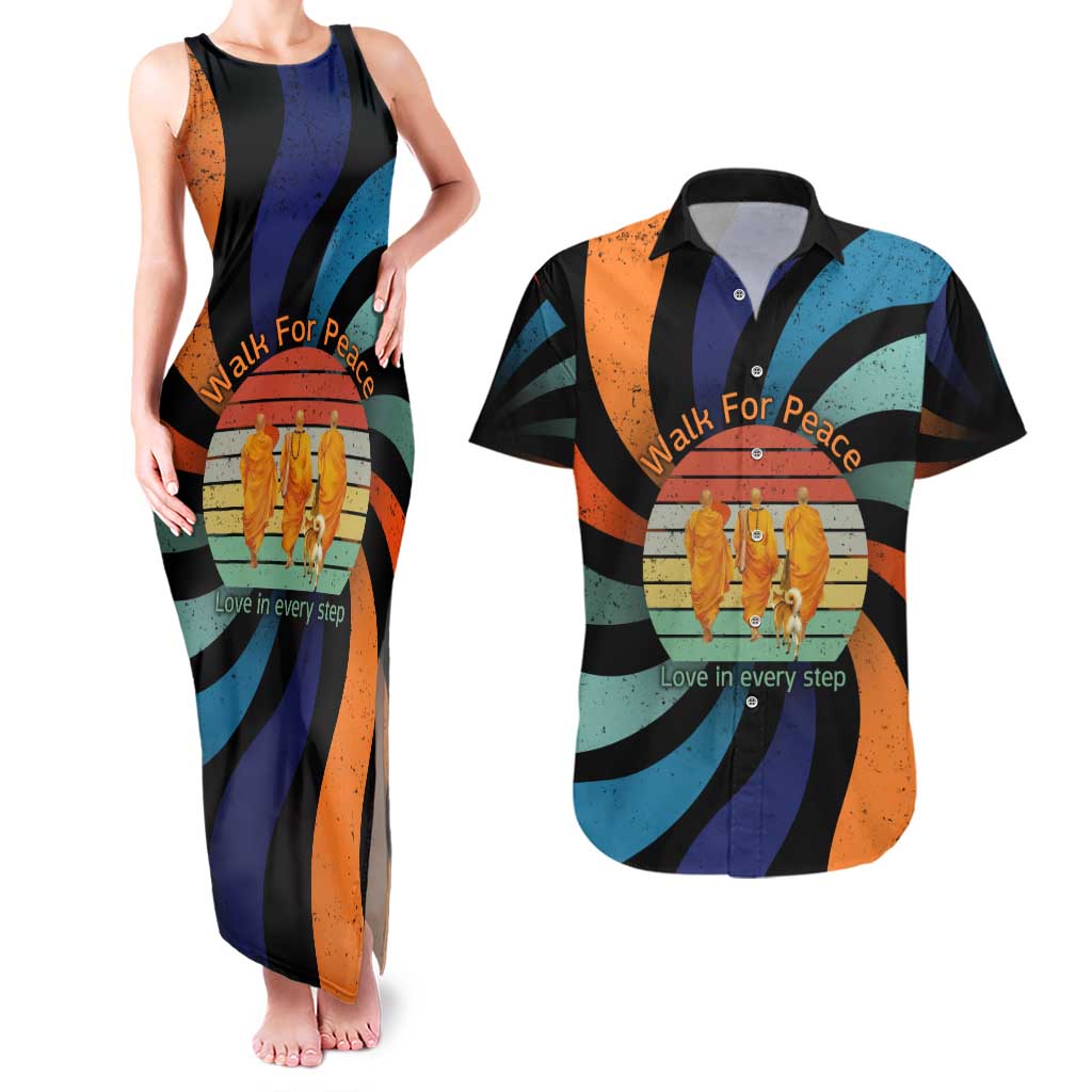 Buddhist Monks Walk For Peace Couples Matching Tank Maxi Dress and Hawaiian Shirt with Retro Sunset Swirl Pattern
