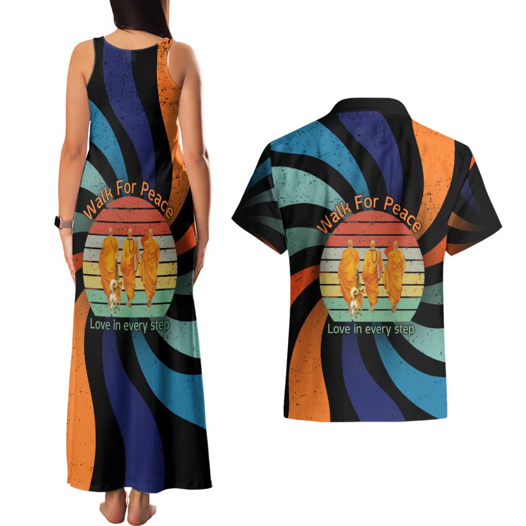 Buddhist Monks Walk For Peace Couples Matching Tank Maxi Dress and Hawaiian Shirt with Retro Sunset Swirl Pattern