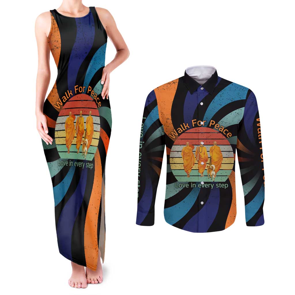 Buddhist Monks Walk For Peace Couples Matching Tank Maxi Dress and Long Sleeve Button Shirt with Retro Sunset Swirl Pattern