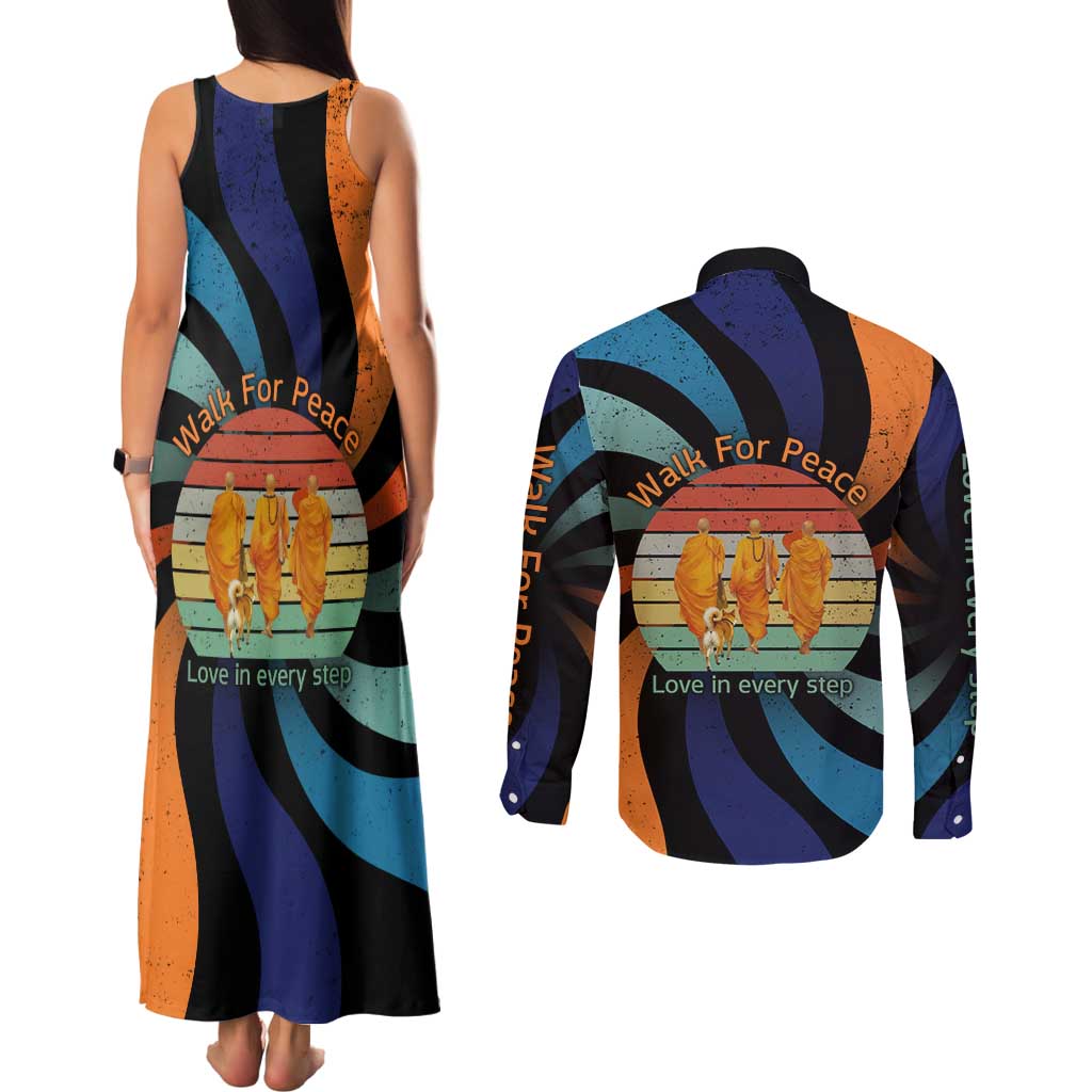 Buddhist Monks Walk For Peace Couples Matching Tank Maxi Dress and Long Sleeve Button Shirt with Retro Sunset Swirl Pattern
