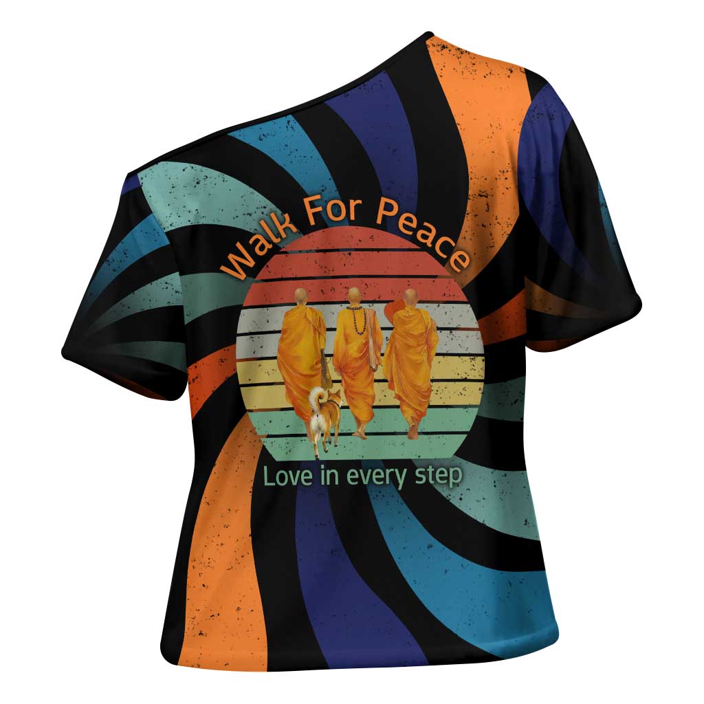 Buddhist Monks Walk For Peace Cross Shoulder Shirt with Retro Sunset Swirl Pattern