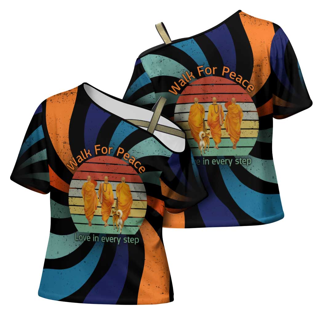 Buddhist Monks Walk For Peace Cross Shoulder Shirt with Retro Sunset Swirl Pattern