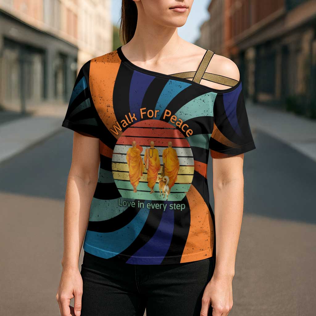 Buddhist Monks Walk For Peace Cross Shoulder Shirt with Retro Sunset Swirl Pattern