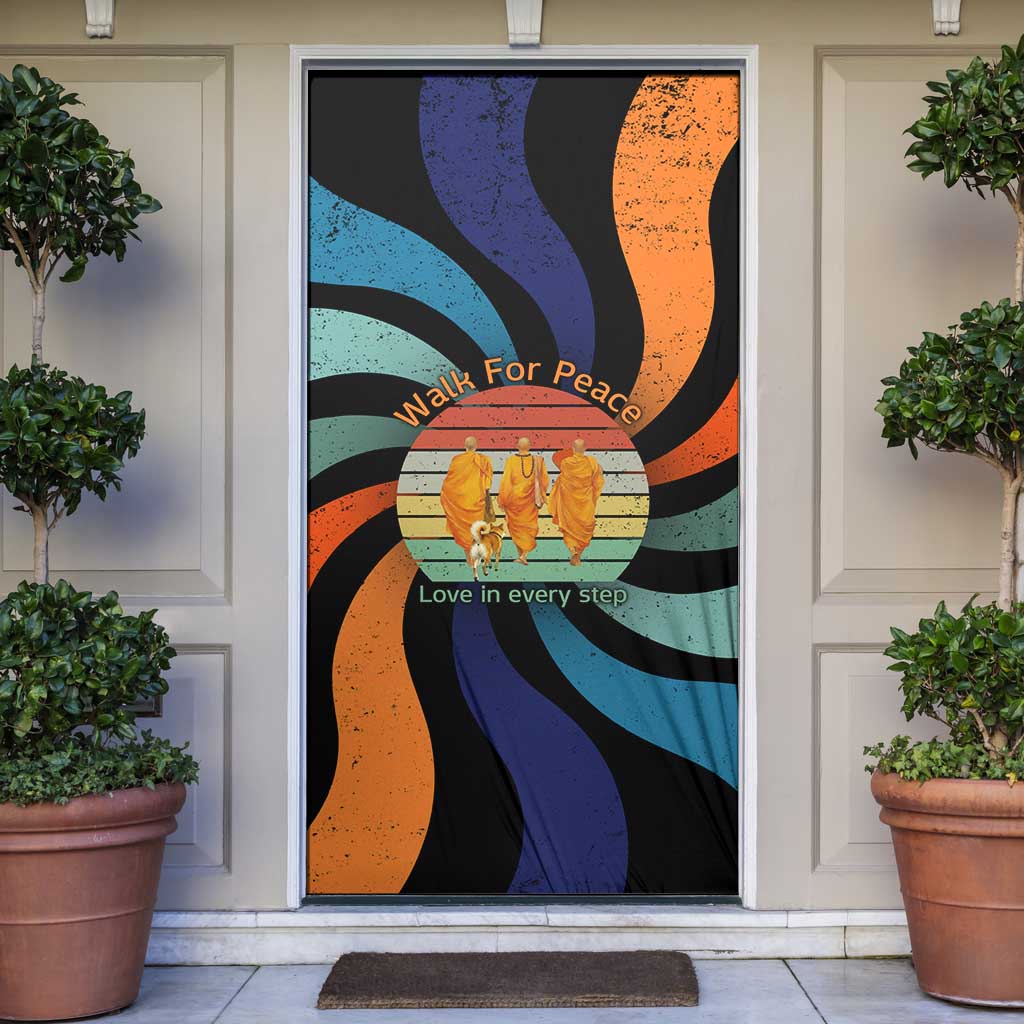 Buddhist Monks Walk For Peace Door Cover with Retro Sunset Swirl Pattern