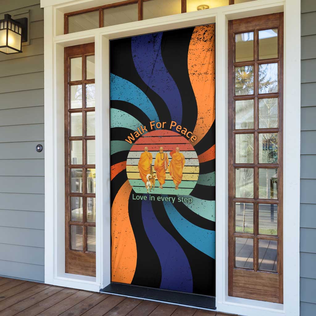 Buddhist Monks Walk For Peace Door Cover with Retro Sunset Swirl Pattern