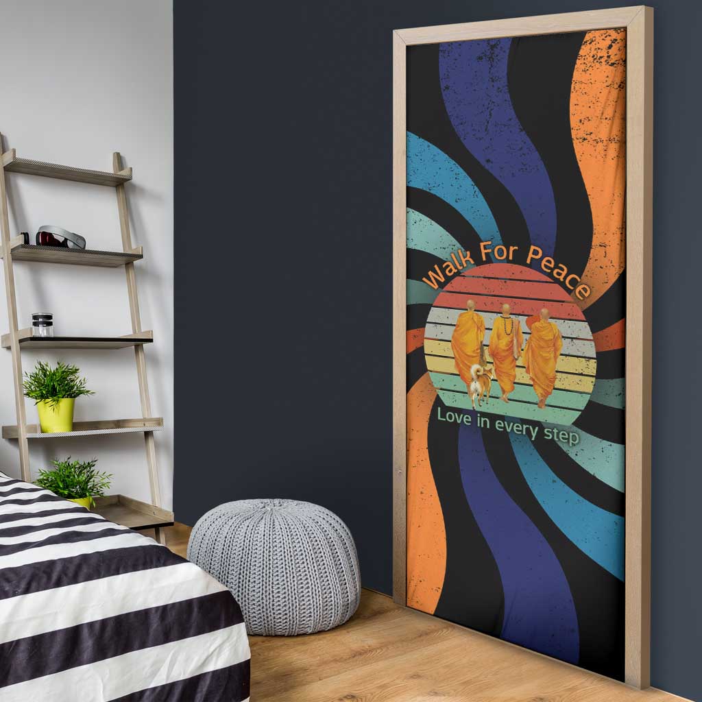 Buddhist Monks Walk For Peace Door Cover with Retro Sunset Swirl Pattern