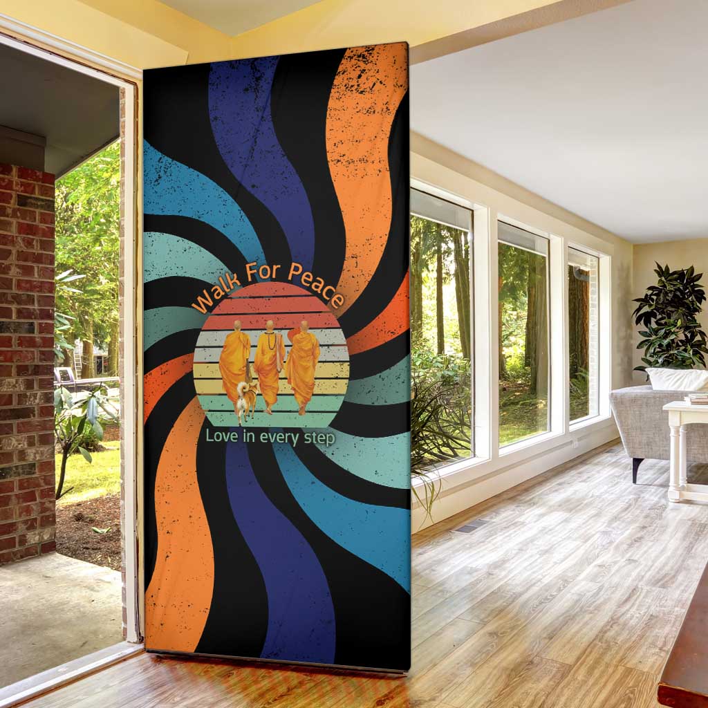 Buddhist Monks Walk For Peace Door Cover with Retro Sunset Swirl Pattern