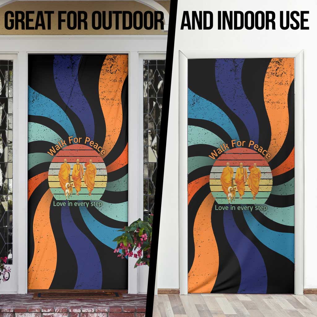 Buddhist Monks Walk For Peace Door Cover with Retro Sunset Swirl Pattern
