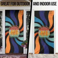 Buddhist Monks Walk For Peace Door Cover with Retro Sunset Swirl Pattern