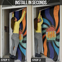 Buddhist Monks Walk For Peace Door Cover with Retro Sunset Swirl Pattern
