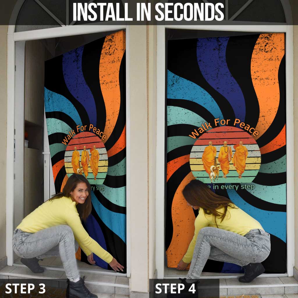 Buddhist Monks Walk For Peace Door Cover with Retro Sunset Swirl Pattern