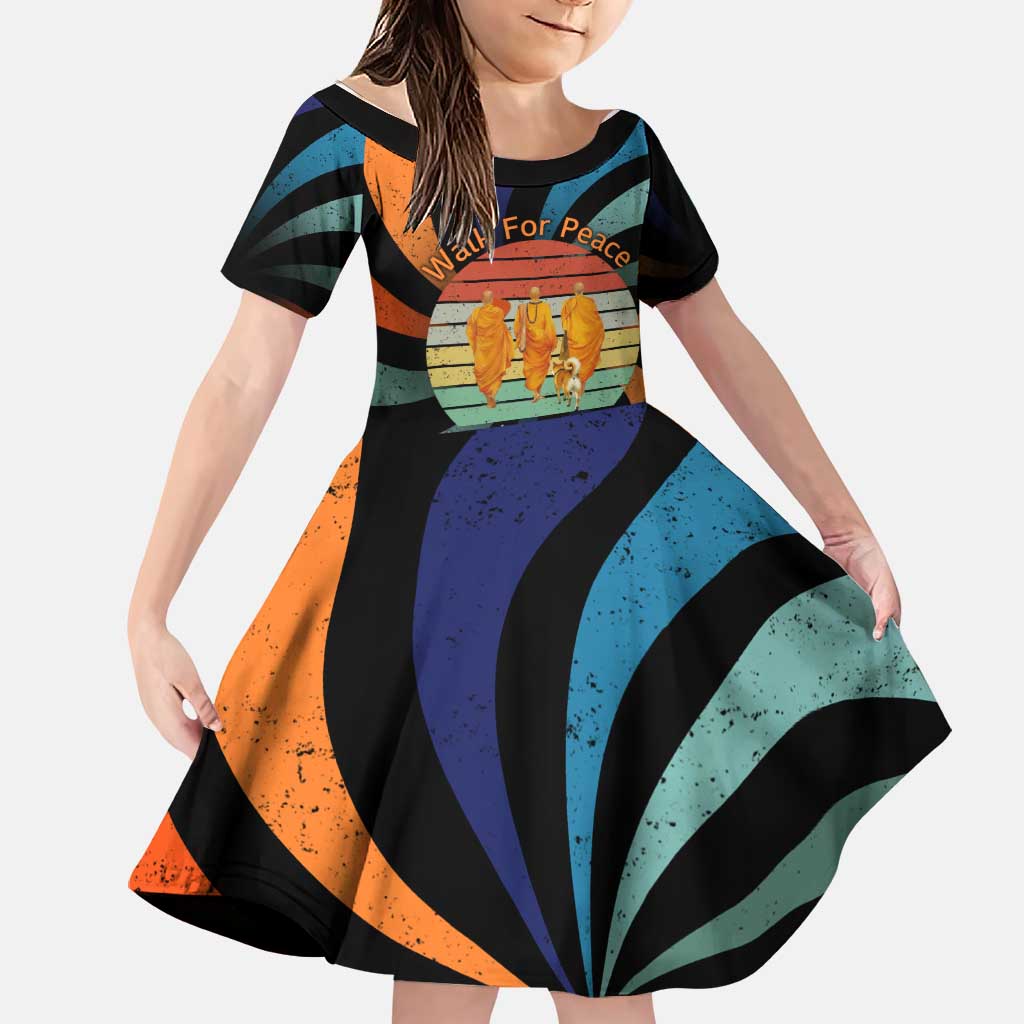 Buddhist Monks Walk For Peace Family Matching Long Sleeve Bodycon Dress and Hawaiian Shirt with Retro Sunset Swirl Pattern