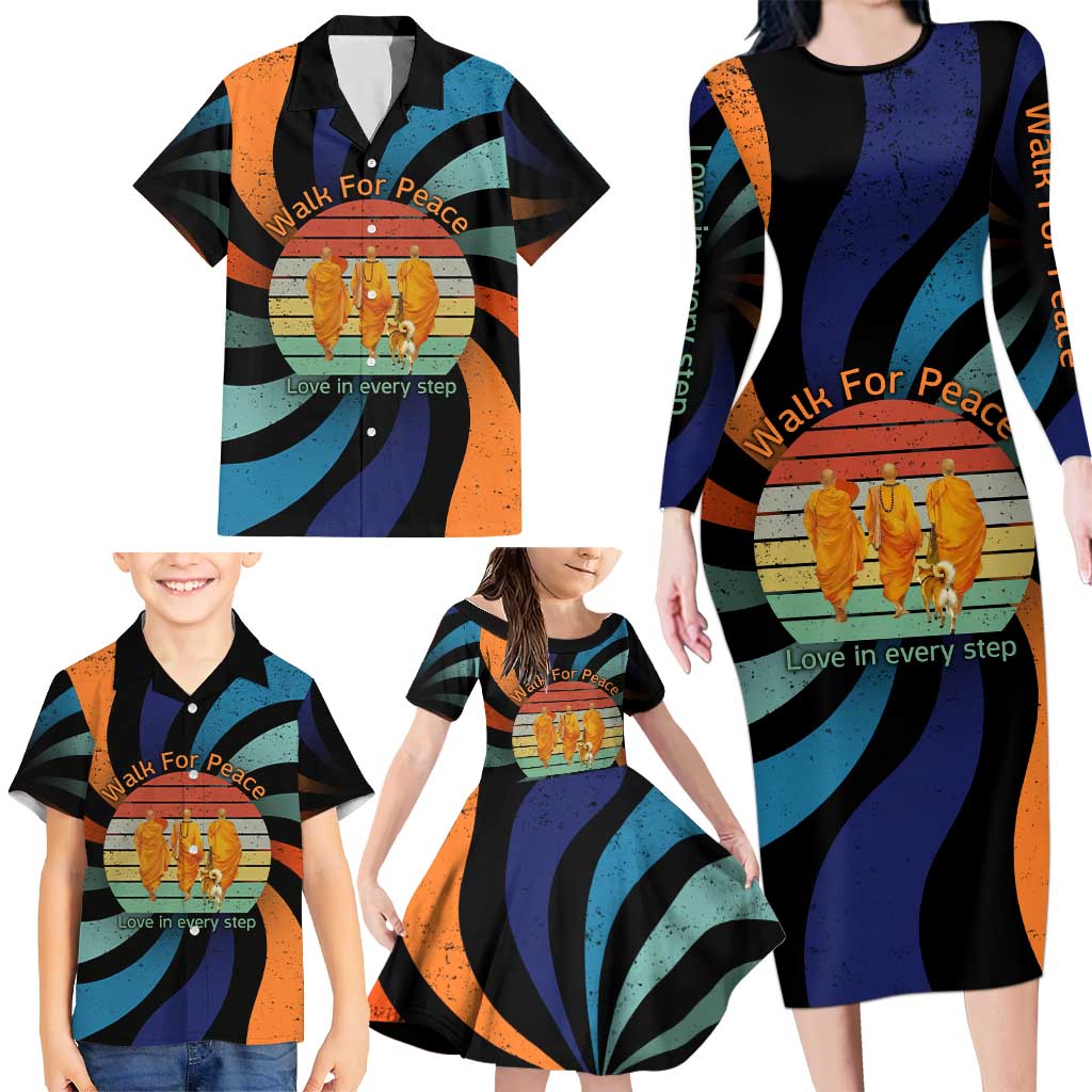 Buddhist Monks Walk For Peace Family Matching Long Sleeve Bodycon Dress and Hawaiian Shirt with Retro Sunset Swirl Pattern