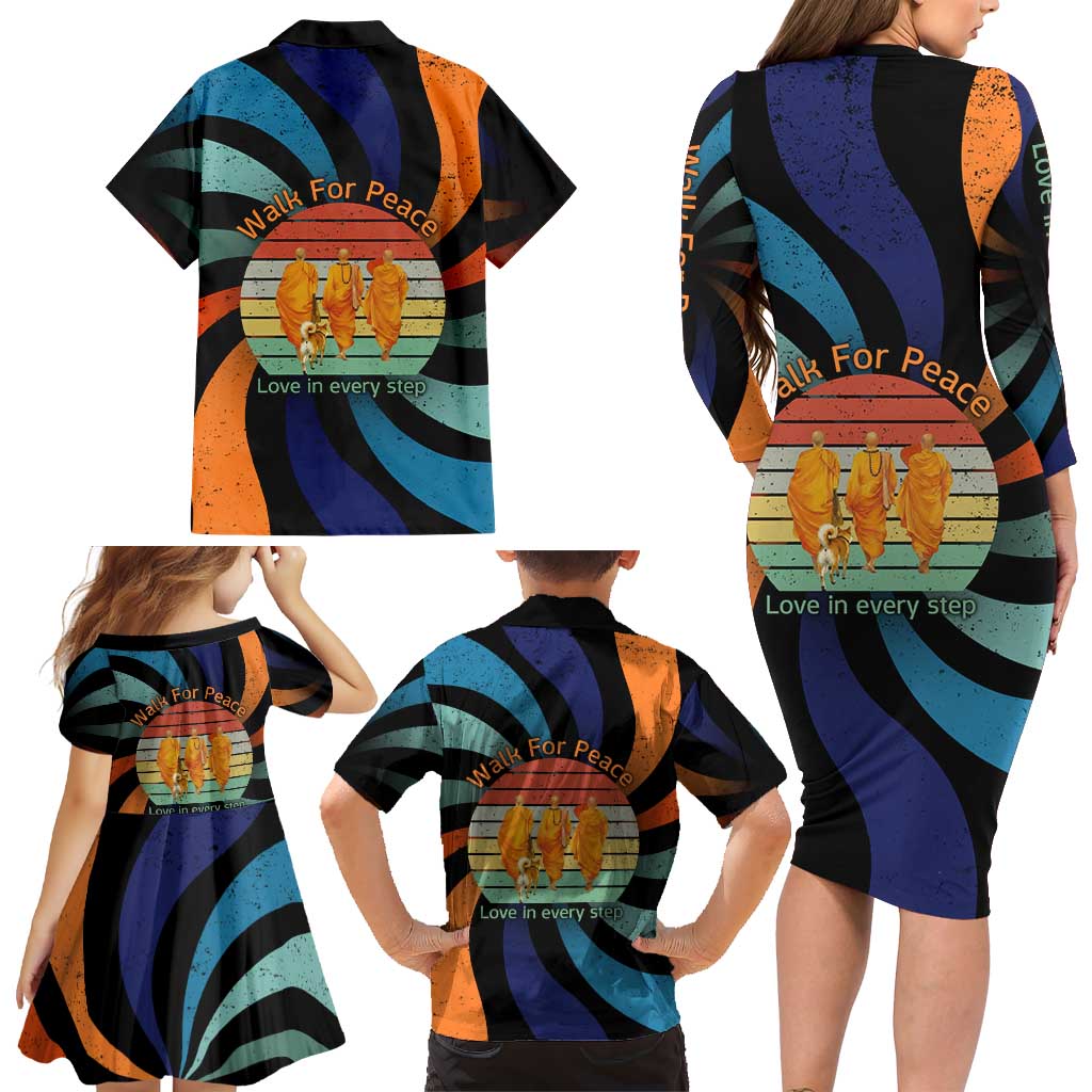 Buddhist Monks Walk For Peace Family Matching Long Sleeve Bodycon Dress and Hawaiian Shirt with Retro Sunset Swirl Pattern