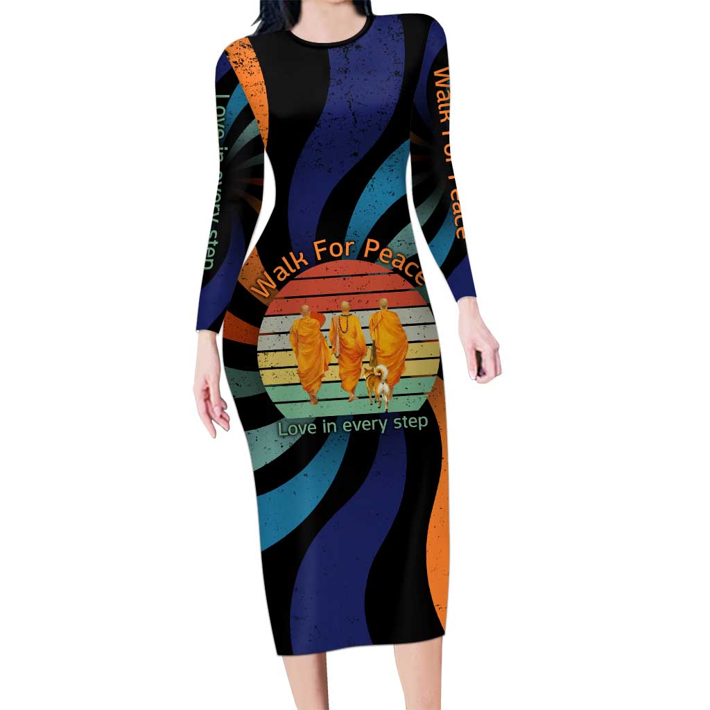 Buddhist Monks Walk For Peace Family Matching Long Sleeve Bodycon Dress and Hawaiian Shirt with Retro Sunset Swirl Pattern