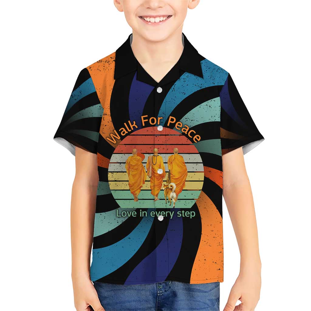 Buddhist Monks Walk For Peace Family Matching Long Sleeve Bodycon Dress and Hawaiian Shirt with Retro Sunset Swirl Pattern